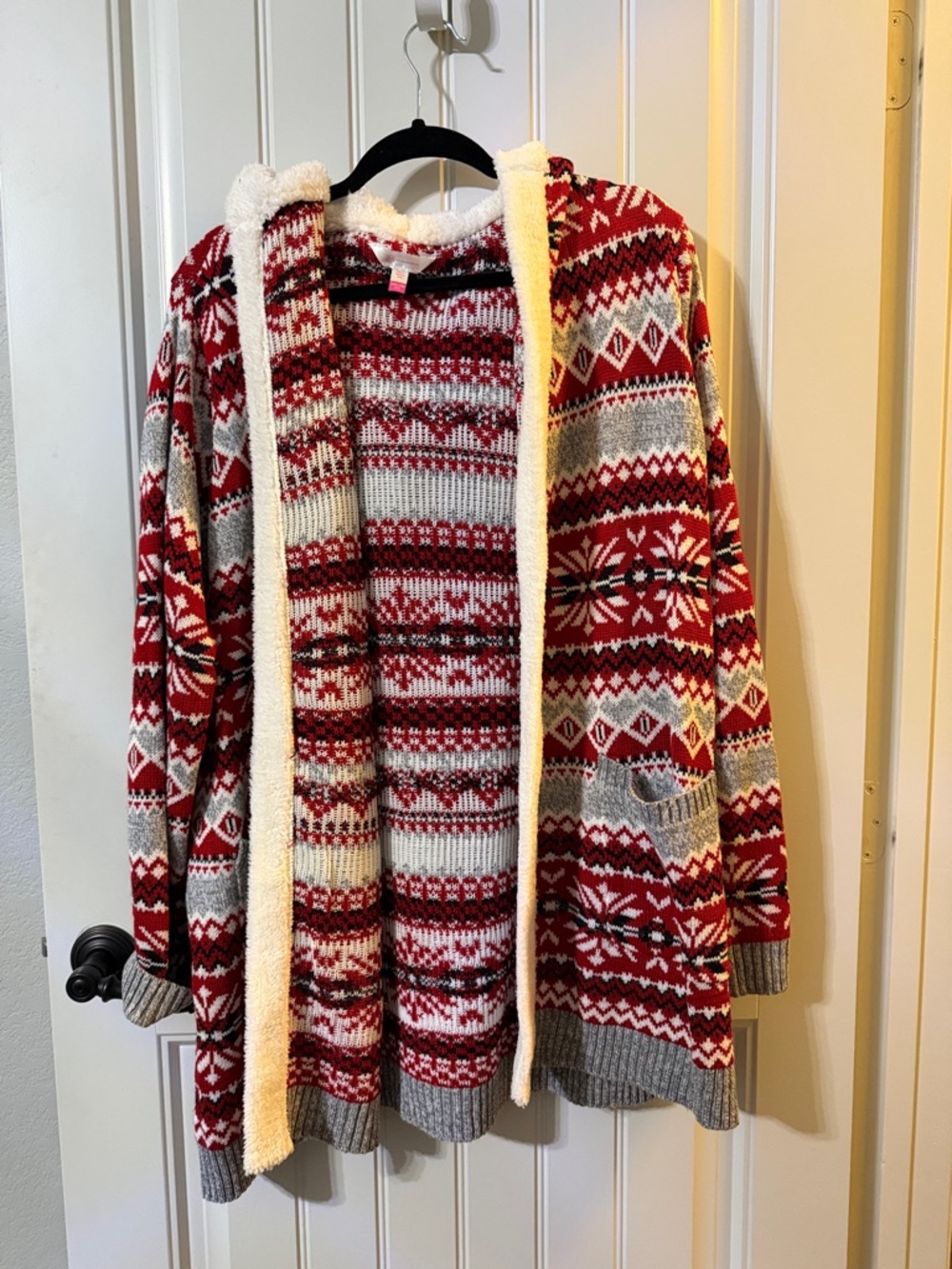 Cozy Nordic Red & Gray Hooded Cardigan